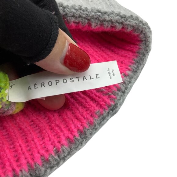 Aeropostale Gray Knit Pom Beanie Hat Neon Pink Green Fair Isle Pattern NWOT - Picture 3 of 6
